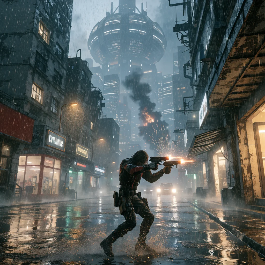 A detailed in-game screenshot from Cyberpunk 2077 update 2.5 showcasing a player dual-wielding Power Pistols using the Double Trouble perk in Heywood Hurricane area.
