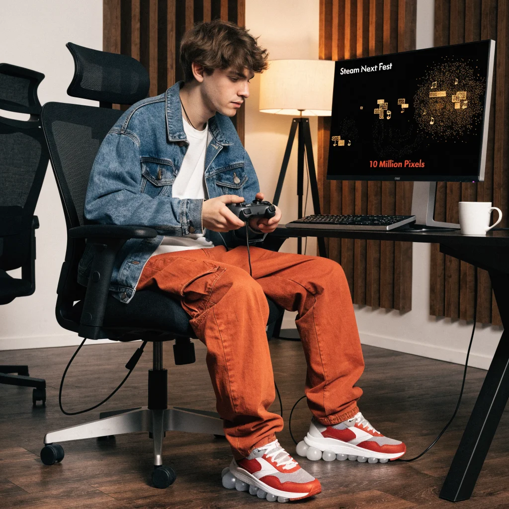 A realistic photo of a gamer playing the pixel-breaking game 10 Million Pixels during Steam Next Fest, with glowing golden pixels and lo-fi music visuals.