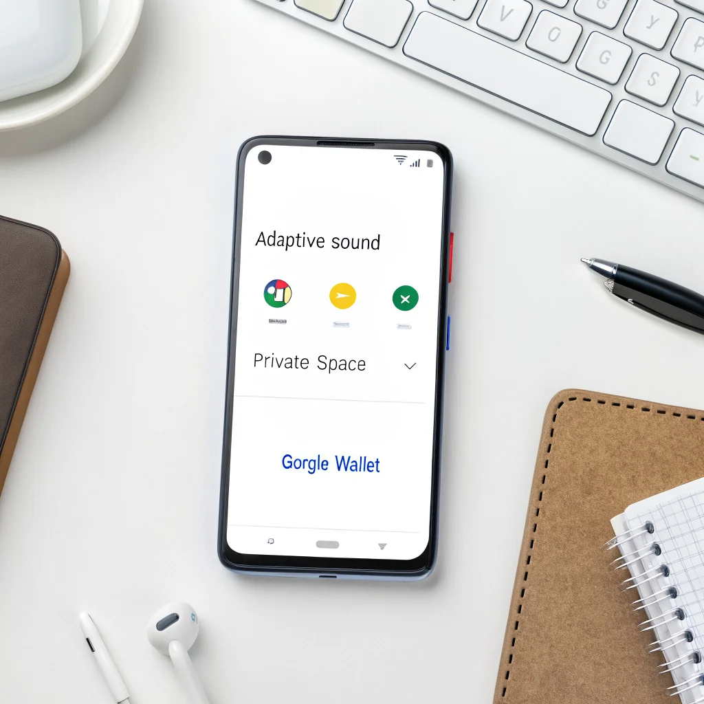 A Google Pixel 11 Pro smartphone displaying productivity settings, including Adaptive Sound, private space, and Google Wallet payment options on a clean workspace.