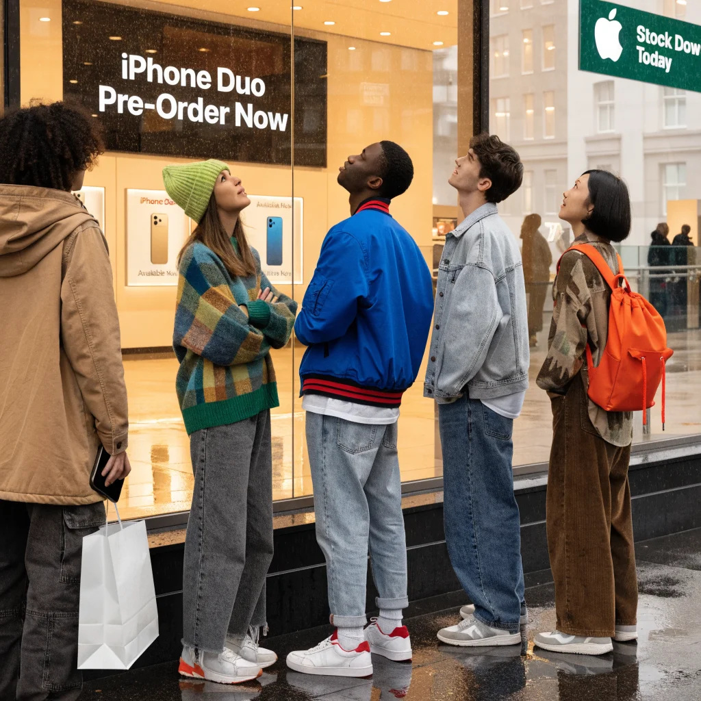 A realistic photo showing eager customers waiting in line outside an Apple Store for pre-orders of the iPhone Duo amidst Apple stock price fluctuations.