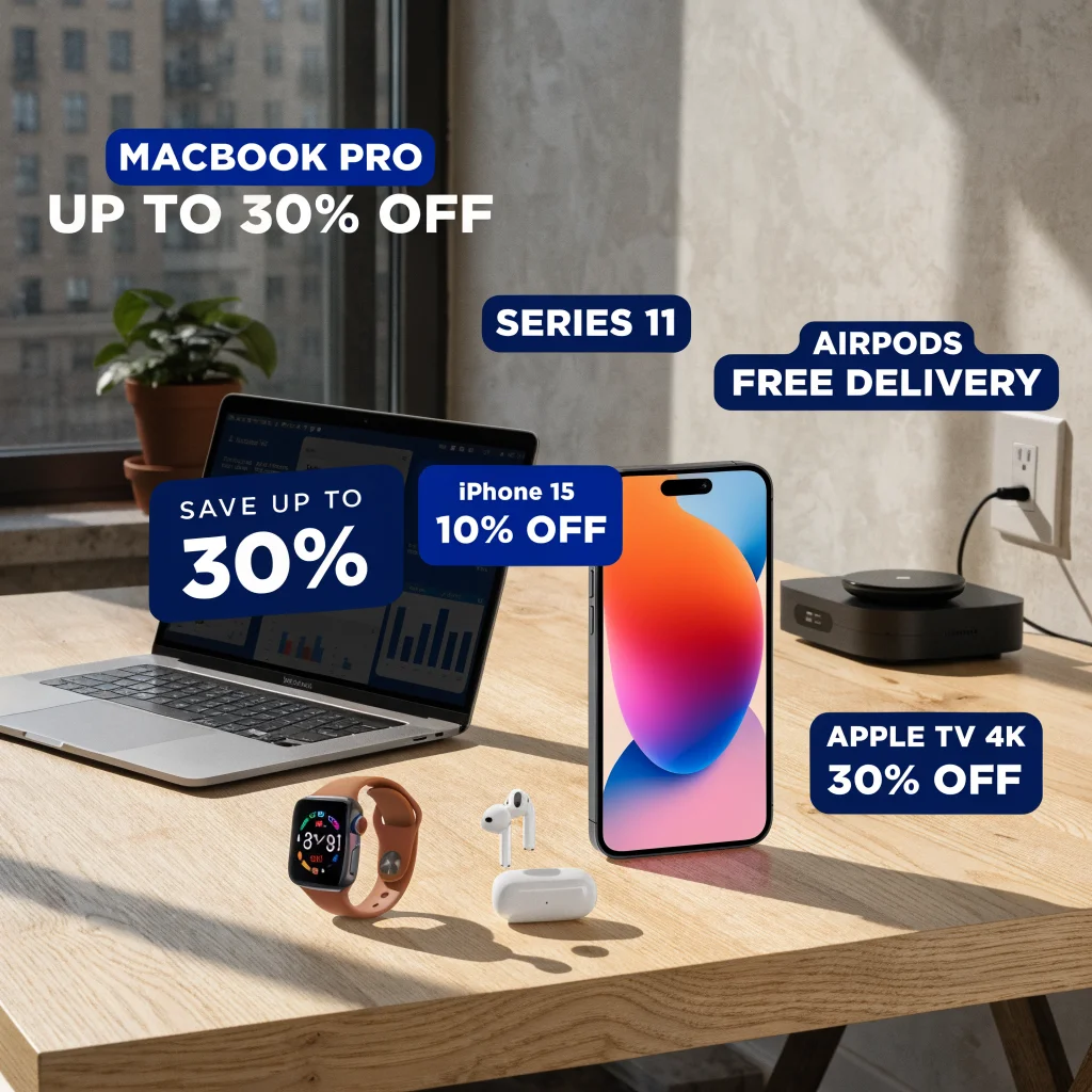 A realistic photo of Apple products including MacBook Pro, Apple Watch Series 11, iPhone 15, AirPods, and Apple TV 4K displayed with large discount signs.