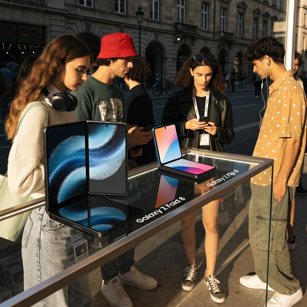 A realistic photo of a Samsung Galaxy Z Fold 8 and Z Flip 8 displayed side by side on a European retail shelf with customers browsing foldable smartphones.