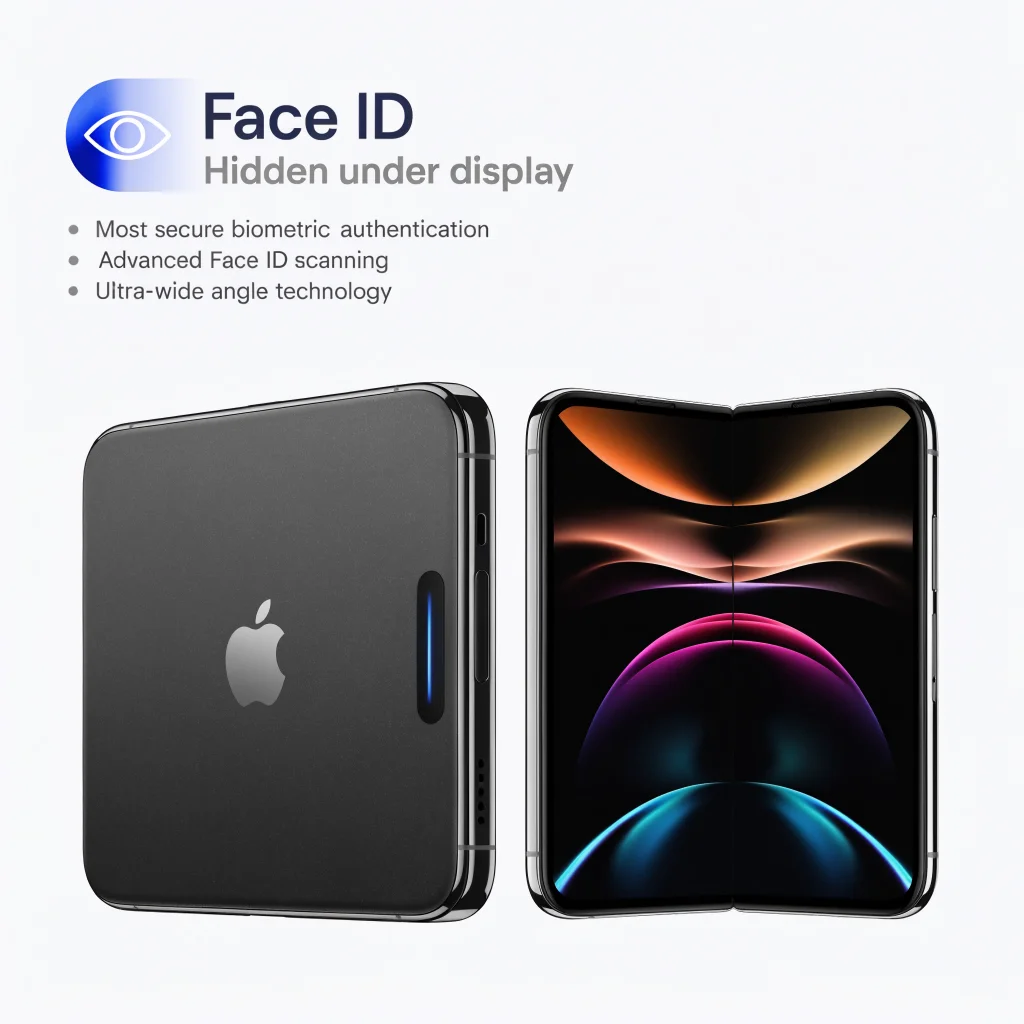 A futuristic Apple iPhone Duo with Face ID, foldable screen, hidden under-display camera, showcasing advanced security features in a sleek, modern design.