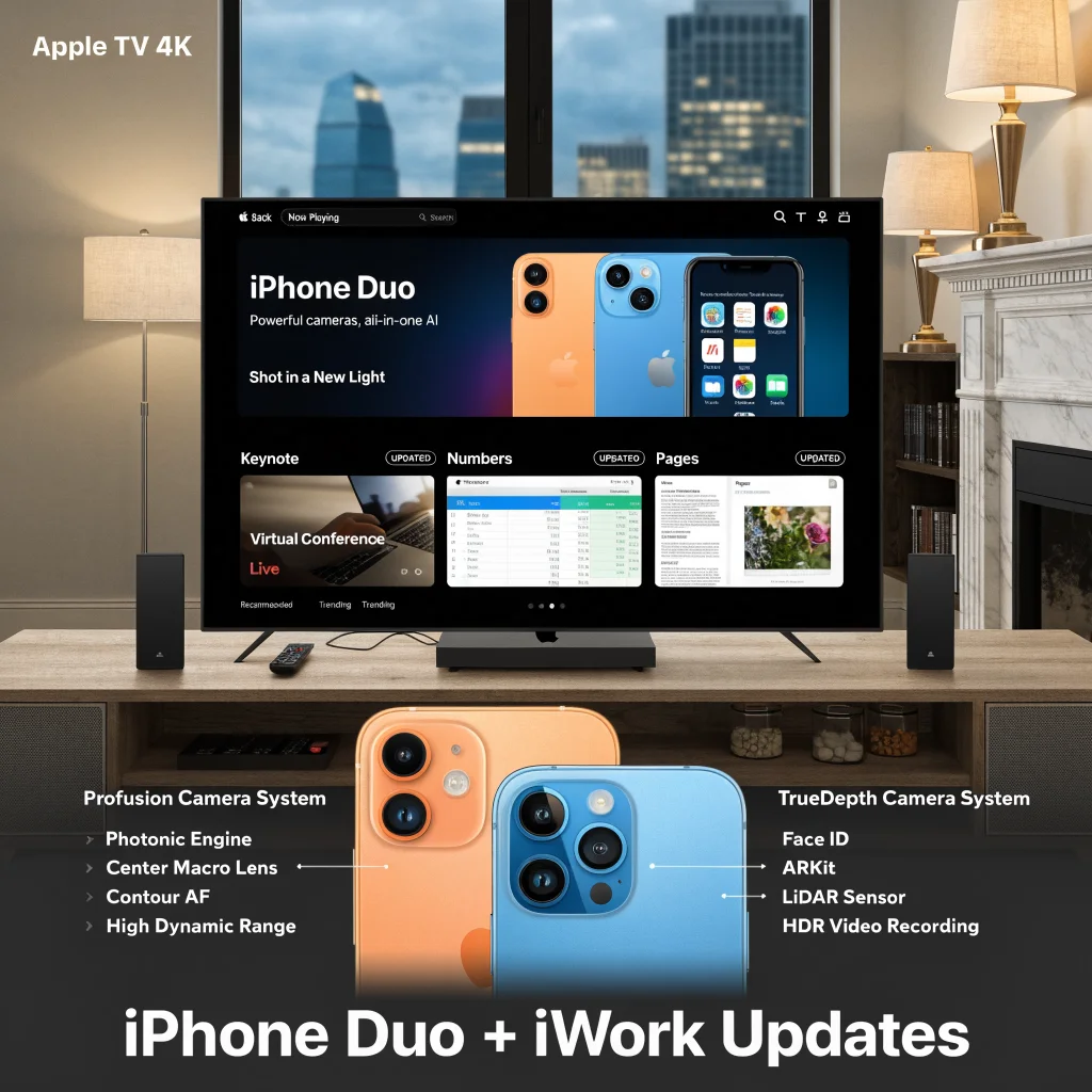 A modern Apple event showcasing the new iPhone Duo alongside updated iWork apps Keynote, Numbers, and Pages on a sleek Apple TV 4K screen.