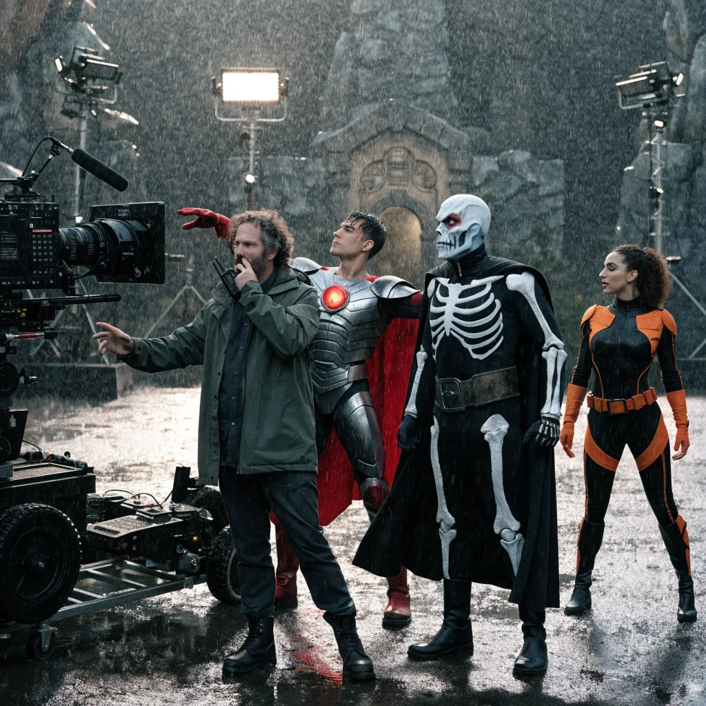 A realistic photo of Travis Knight directing Nicholas Galitzine as He-Man and Jared Leto as Skeletor on the set of Masters of the Universe, with Camila Mendes as Teela.