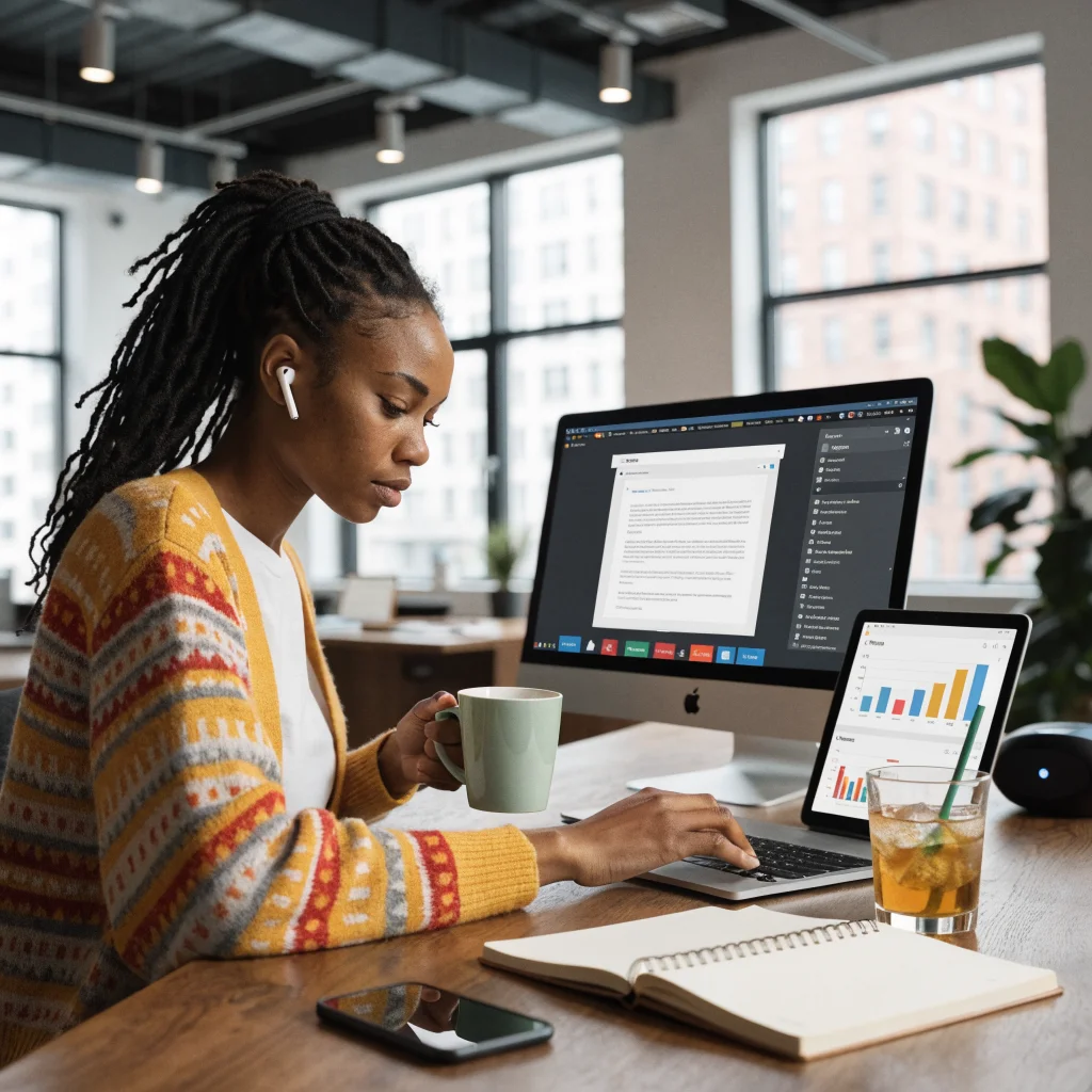 A creative professional using Apple iWork apps with an AI assistant in a modern workspace, symbolizing enhanced productivity and Apple ecosystem integration.