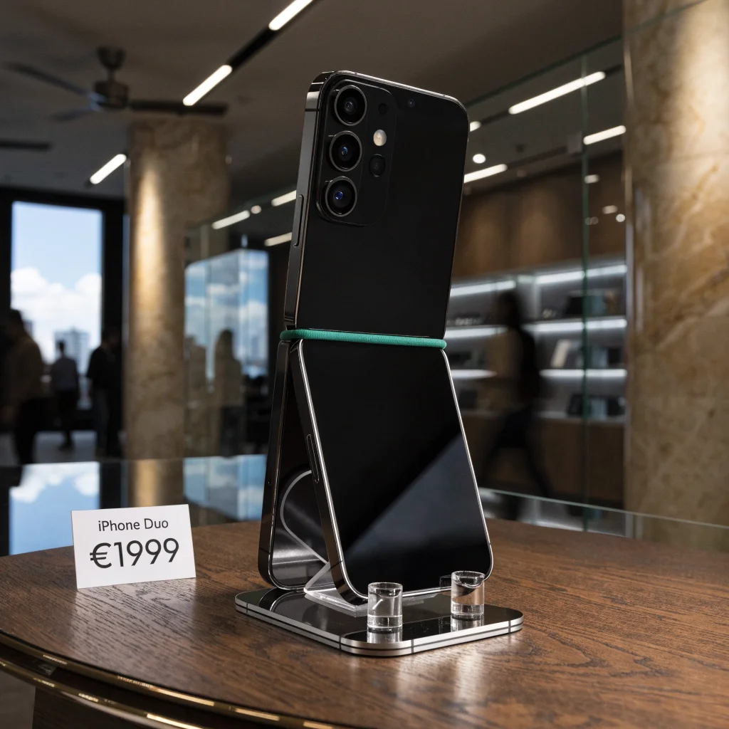 A sleek, foldable iPhone Duo smartphone displayed on a table in a modern Greek electronics store with a price tag showing 1999 euros.