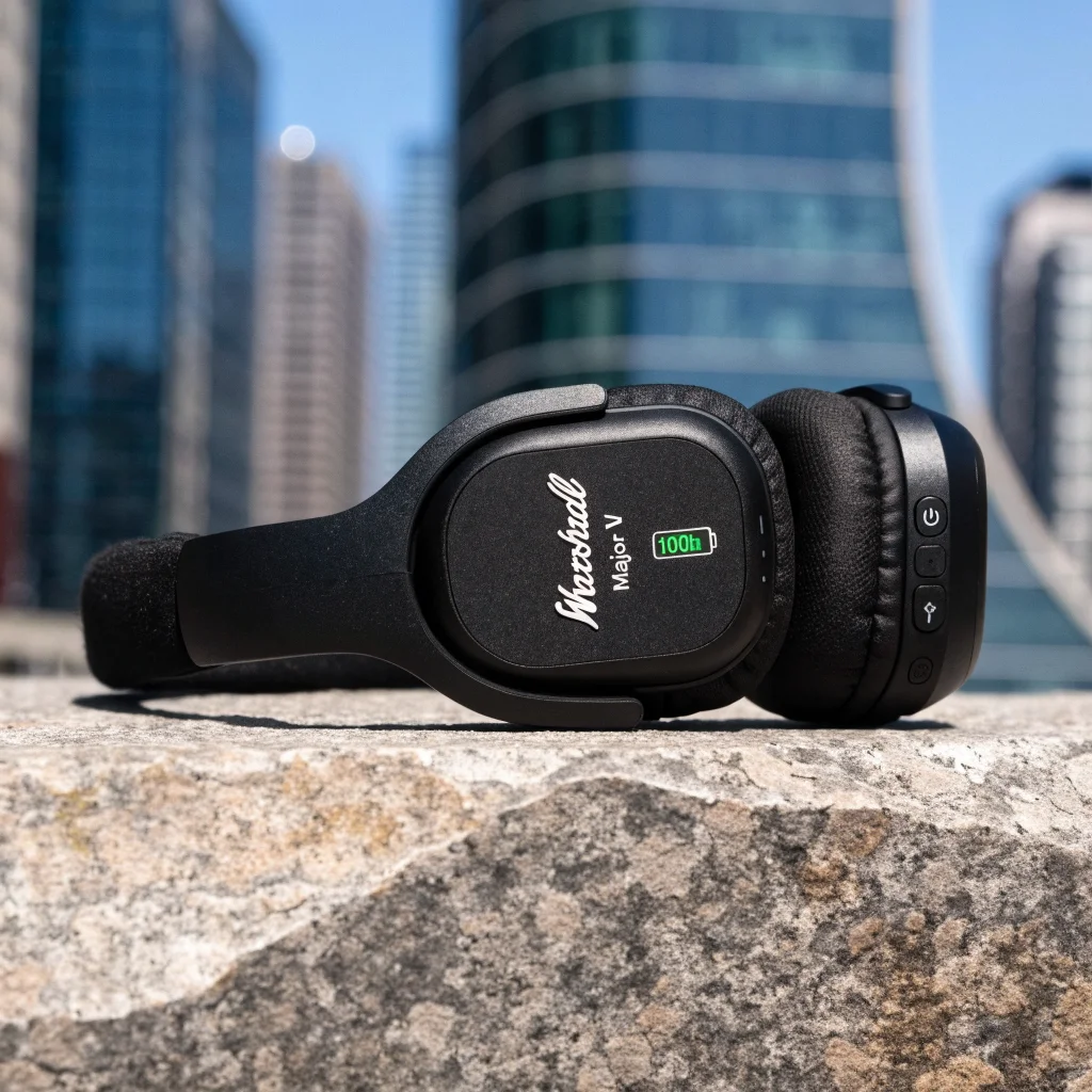 A close-up photo of Marshall Major V on-ear wireless Bluetooth headphones showcasing sleek design and a battery icon indicating 100 hours of playback.