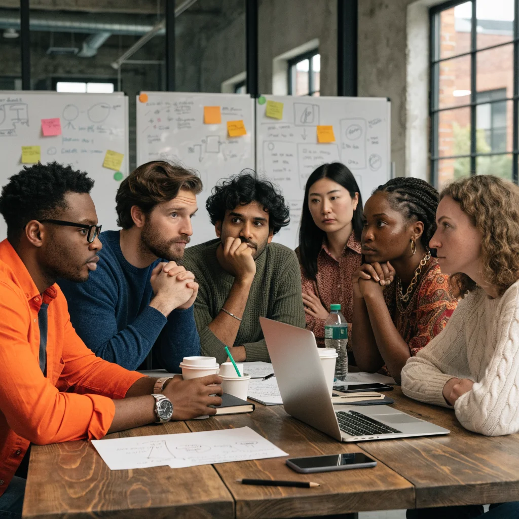 A realistic photo of a diverse game development team discussing politically charged RPG storylines around a table in a modern office.