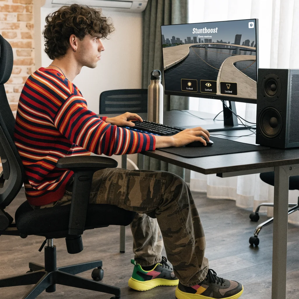 A realistic photo of a gamer playing Stuntboost, a 3D first-person skateboarding and parkour game, featuring rope levels, on a computer with Steam reviews and locked achievements visible.