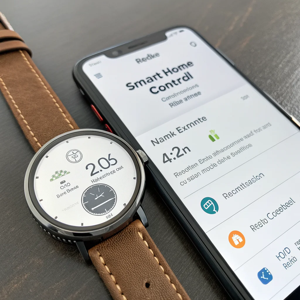 Close-up of a Pebble Round 2 smartwatch displaying a smart home control app with the Pebble SDK interface visible on a nearby smartphone screen.