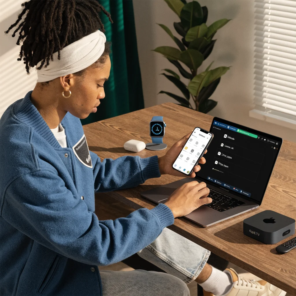 A person using Tailscale remote connection on a MacBook Pro and iPhone 17 with Apple Watch Ultra, AirPods Pro, and Apple TV 4K visible nearby.