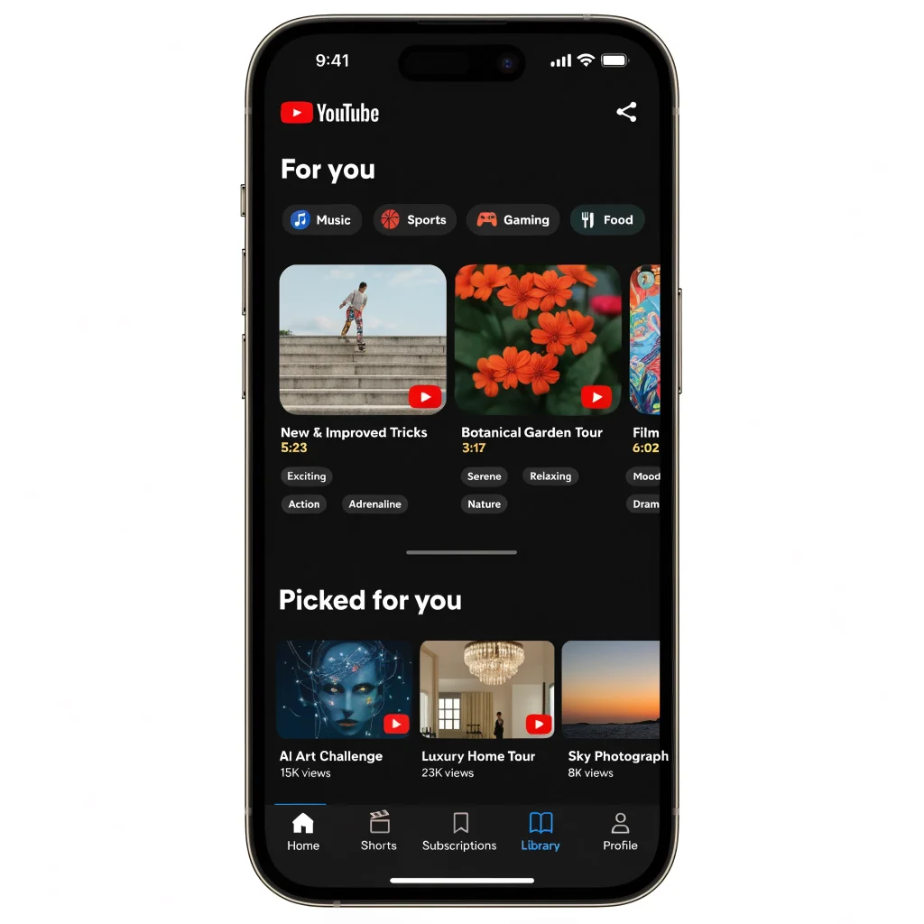 A smartphone screen displaying the updated YouTube mobile app with personalized video feeds, category shortcuts, and content tailored to user mood and preferences.