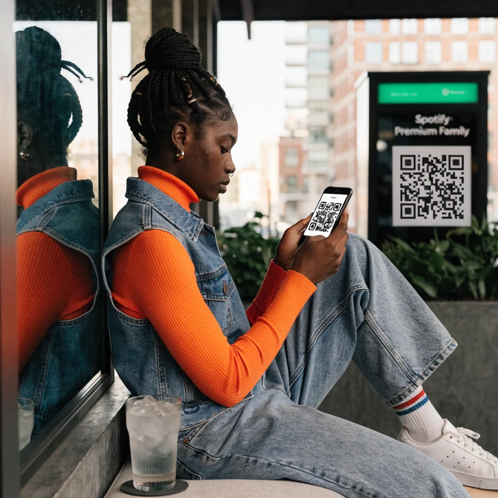 A realistic photo of a person scanning a Spotify Premium Family QR code on a smartphone to verify their address for subscription access.