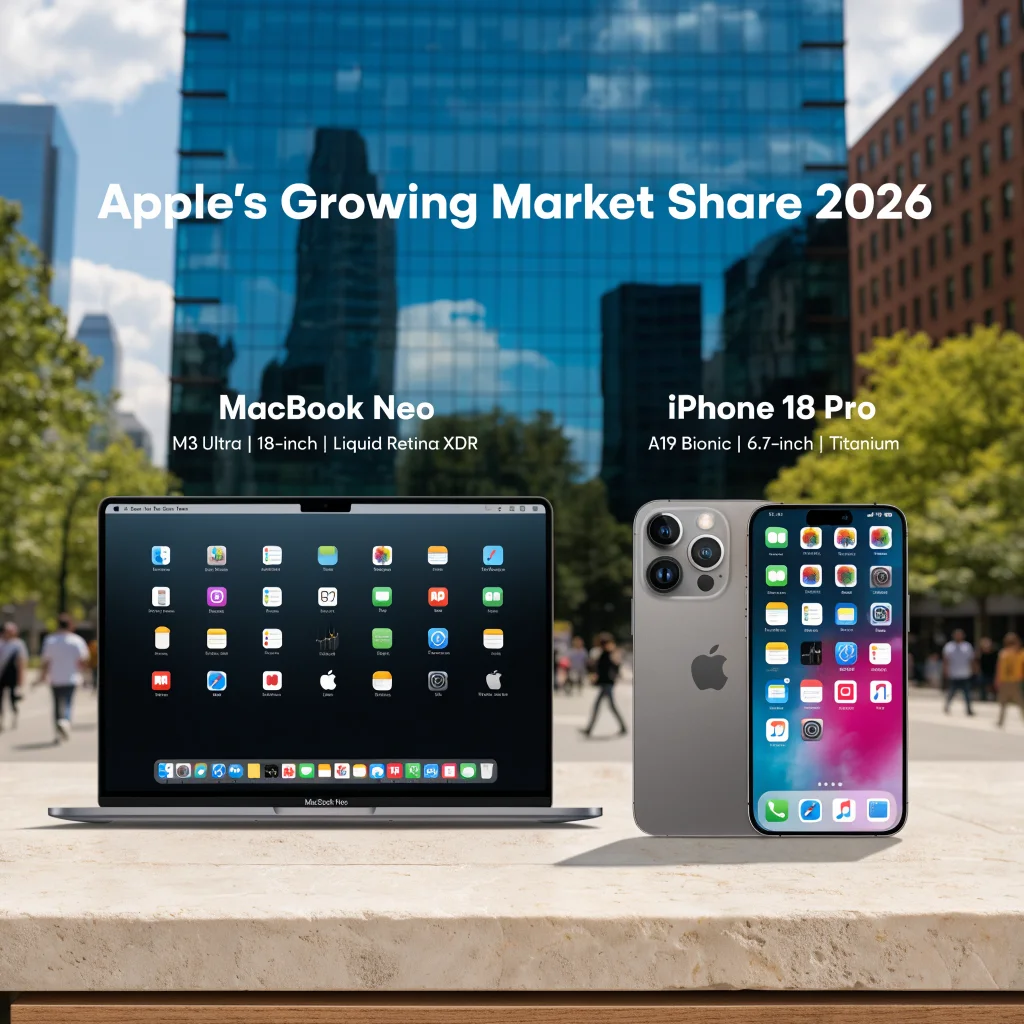A realistic photo of Apple’s latest MacBook Neo and iPhone 18 Pro displayed side by side highlighting Apple's growing market share in 2026.