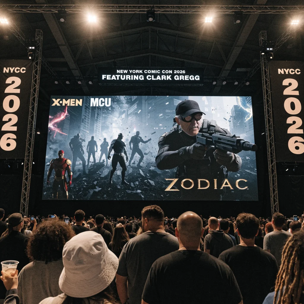 A realistic photo of a Marvel TV screen showing Zodiac series scenes with X-Men and MCU logos at New York Comic-Con 2026 featuring Clark Gregg.