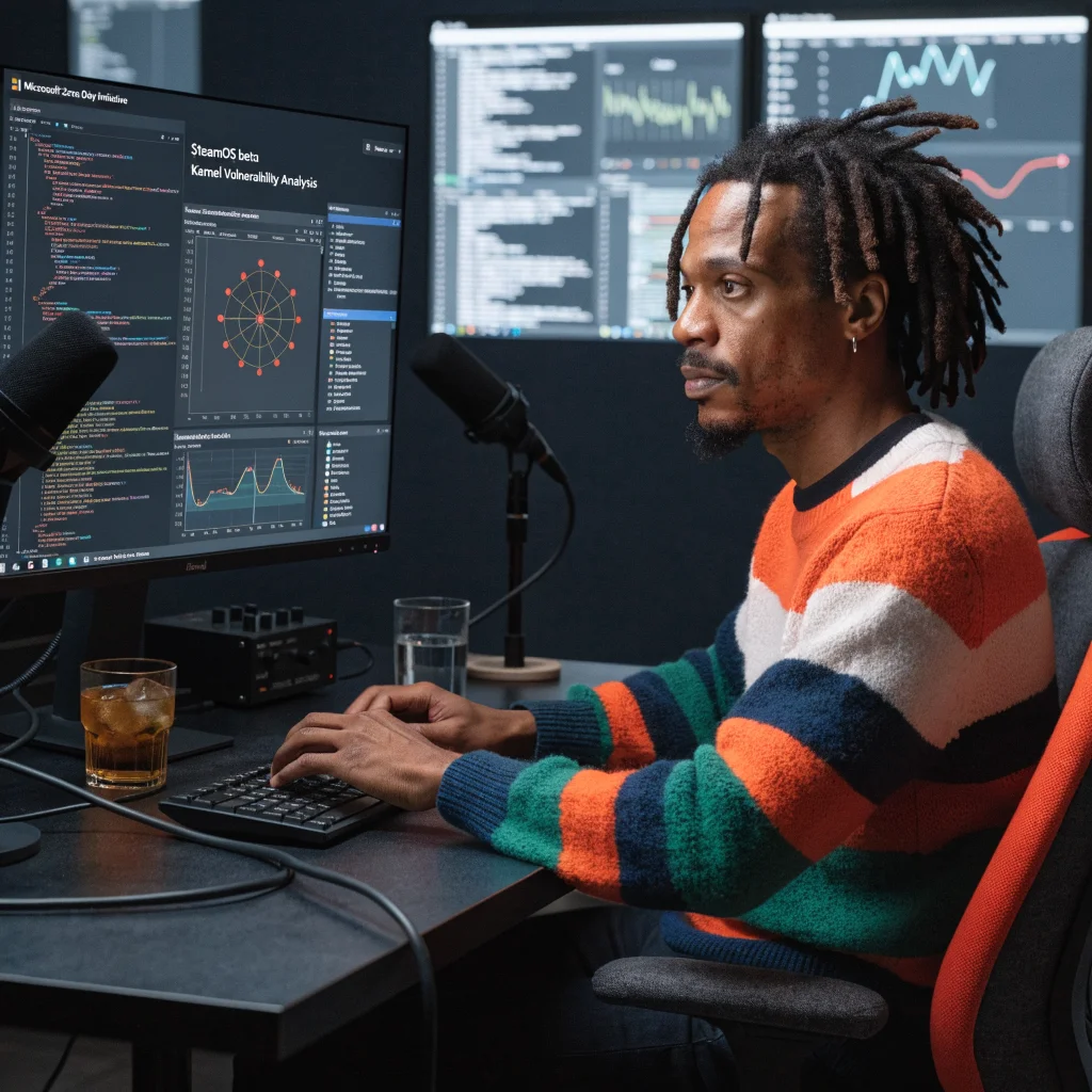 A cybersecurity expert demonstrates Linux kernel vulnerability analysis on a computer with SteamOS beta and Microsoft Zero Day Initiative reports visible on screen.