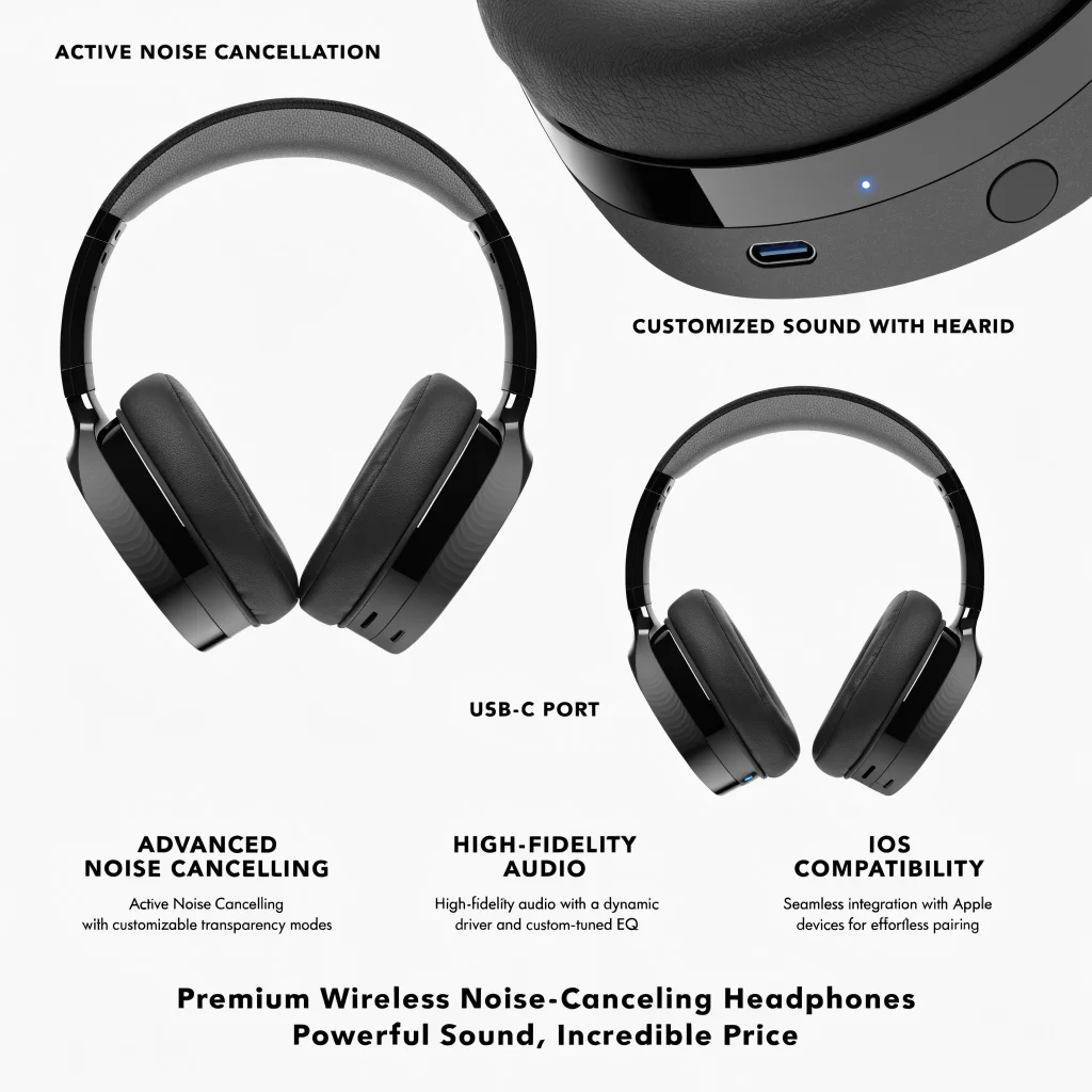 A set of affordable high-quality ANC headphones with USB-C connection and customized HearID sound designed for iOS users, displayed on a clean white background.