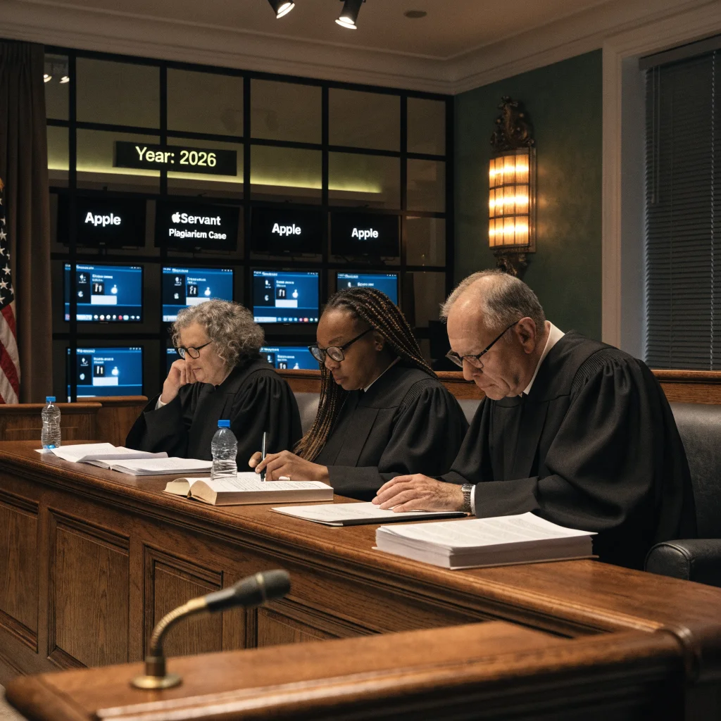 A courtroom scene in 2026 where judges review a plagiarism lawsuit related to the Apple TV show Servant, with Apple devices displayed in the background.