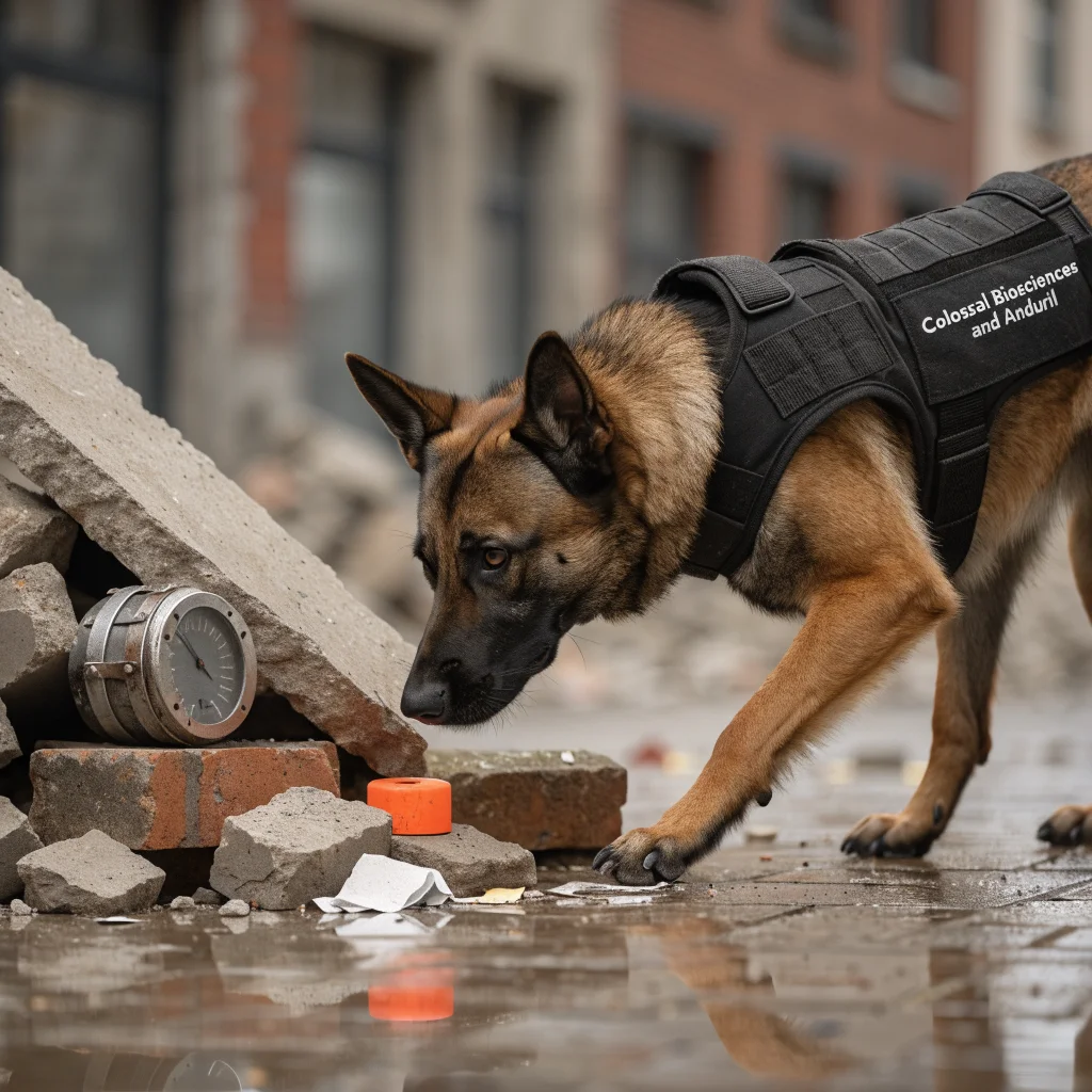 A Belgian Malinois military dog undergoing bomb detection training as part of a genetic engineering project by Colossal Biosciences and Anduril.