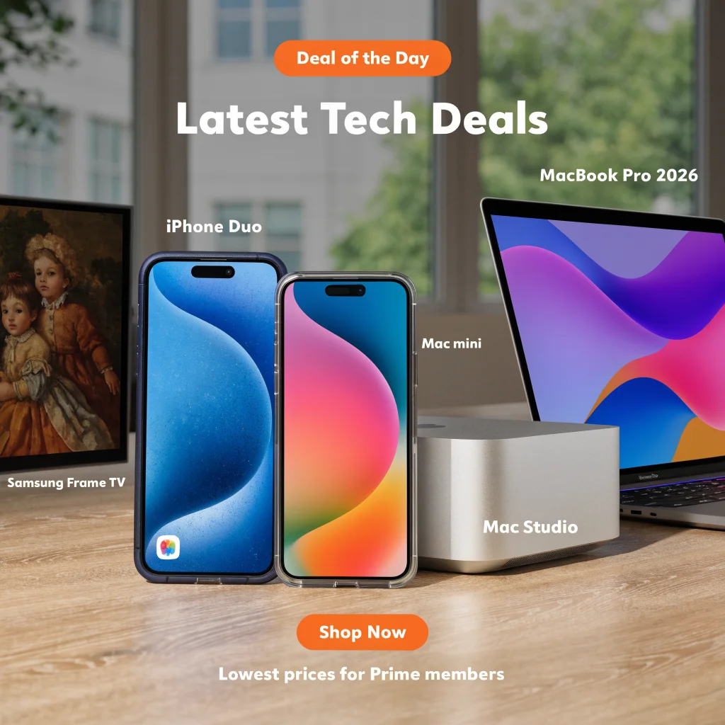 A realistic photo of iPhone Duo with protective cases and screen protectors alongside Mac mini, Mac Studio, MacBook Pro 2026, and Samsung Frame TV on an Amazon deals webpage.
