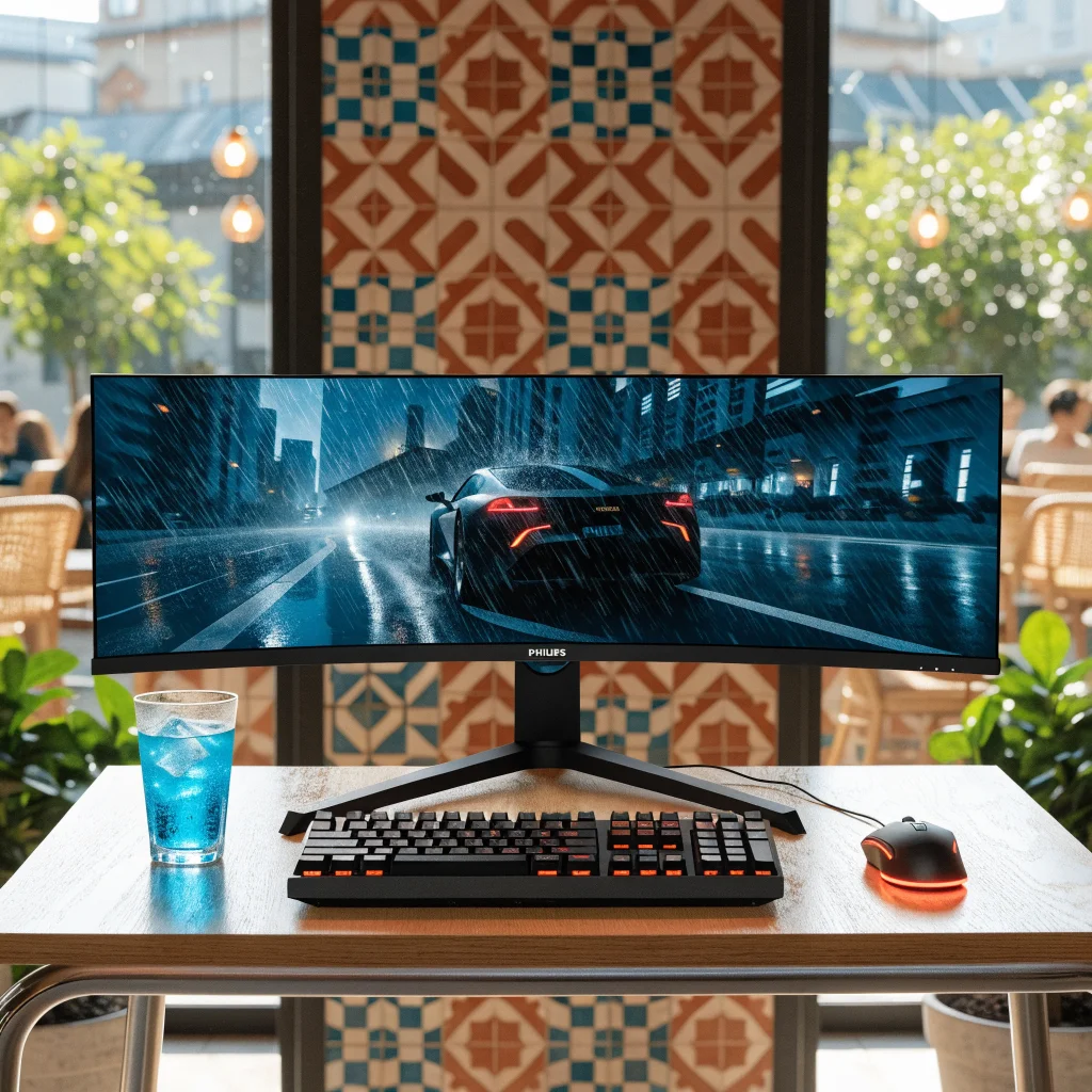 A Philips 36-inch ultrawide curved gaming monitor with 3440x1440 resolution, 260Hz refresh rate, Display HDR400, HDMI 2.1, and DisplayPort 1.4 in a Greek gaming setup.