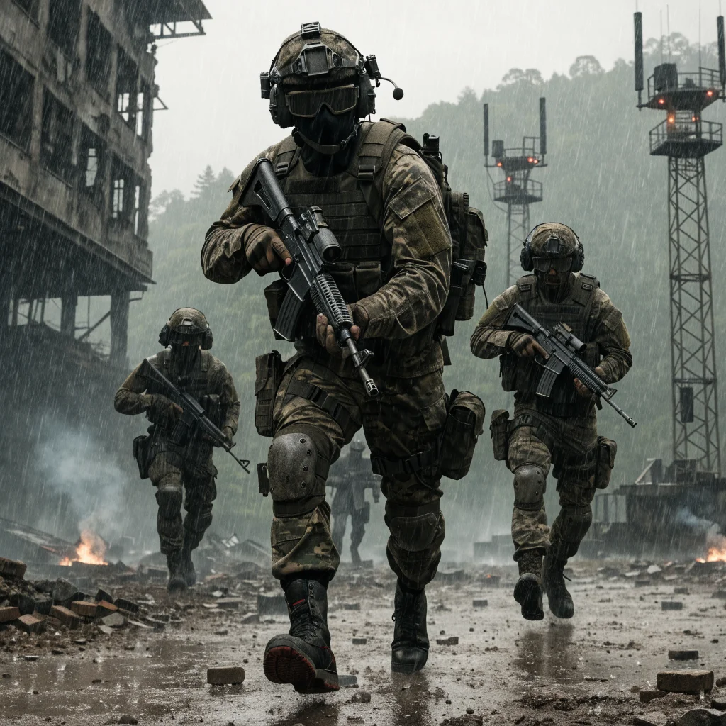 A realistic photo of four players in cooperative combat mode in Call of Duty Modern Warfare 4, capturing UAV towers and controlling territory in DMZ mode.