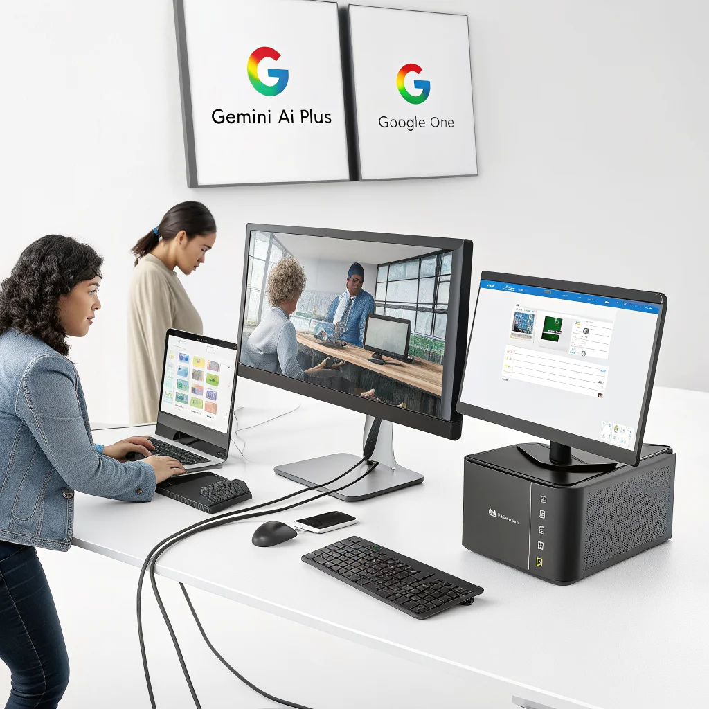 A professional tech workspace showing Gemini AI Plus and Google One cloud storage packages on multiple screens with Android AI assistants visible.