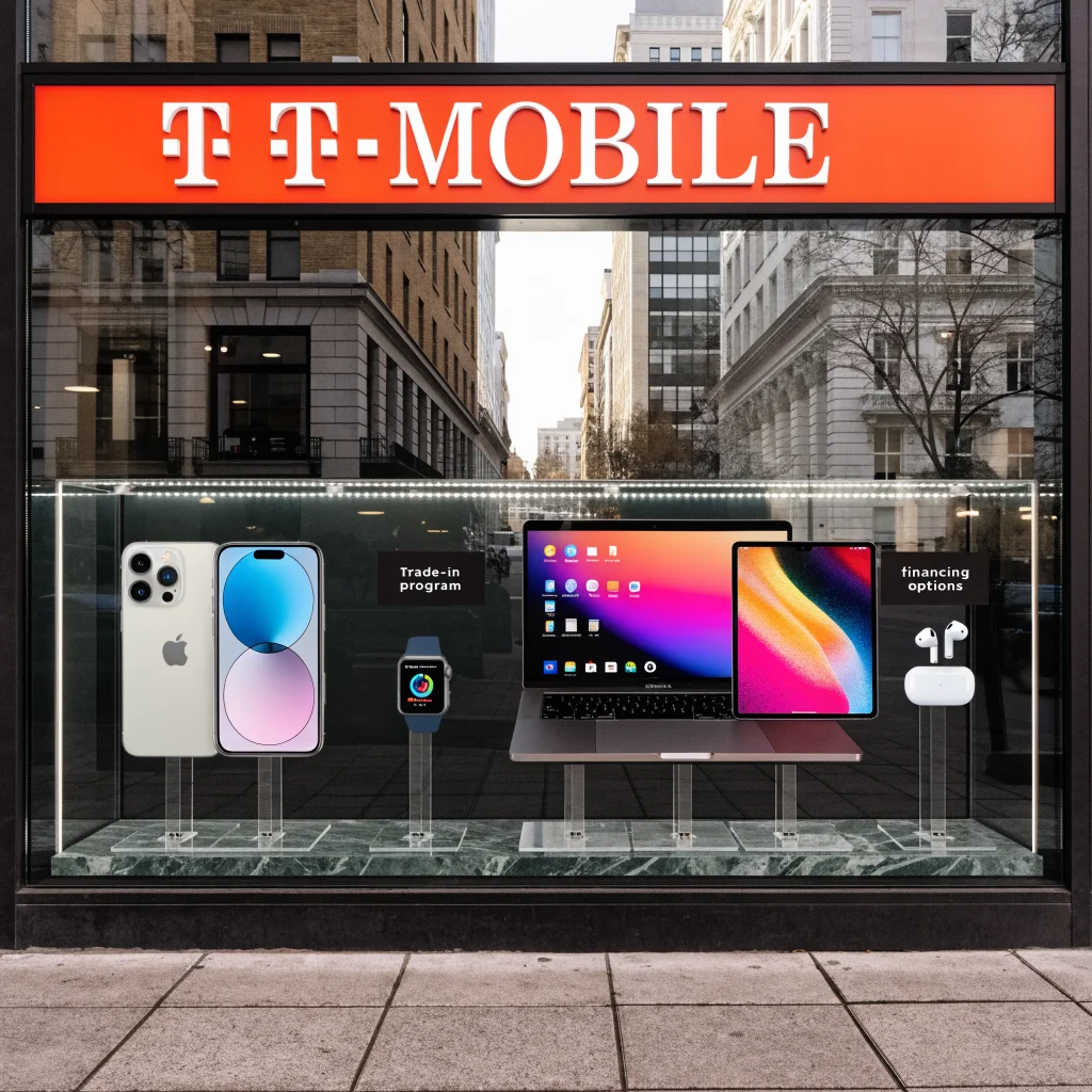 A T-Mobile store display showcasing iPhone 17, iPhone 16, Apple Watch Series 12, MacBook Pro, iPad Pro, AirPods Pro with promotional signs for trade-in program and financing options.