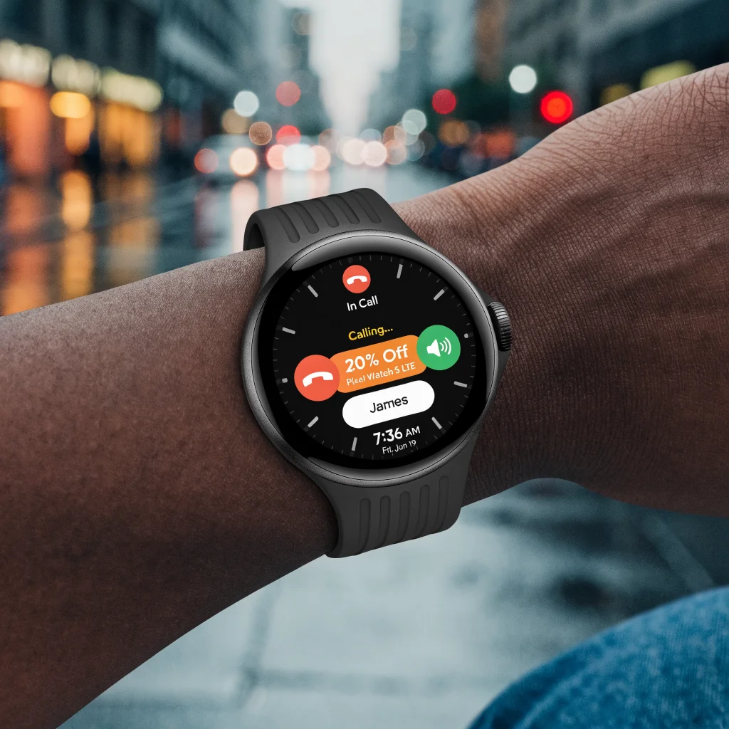 A close-up photo of the Google Pixel Watch 5 LTE 41mm displaying a phone call interface, highlighting its LTE feature and discount promotion.