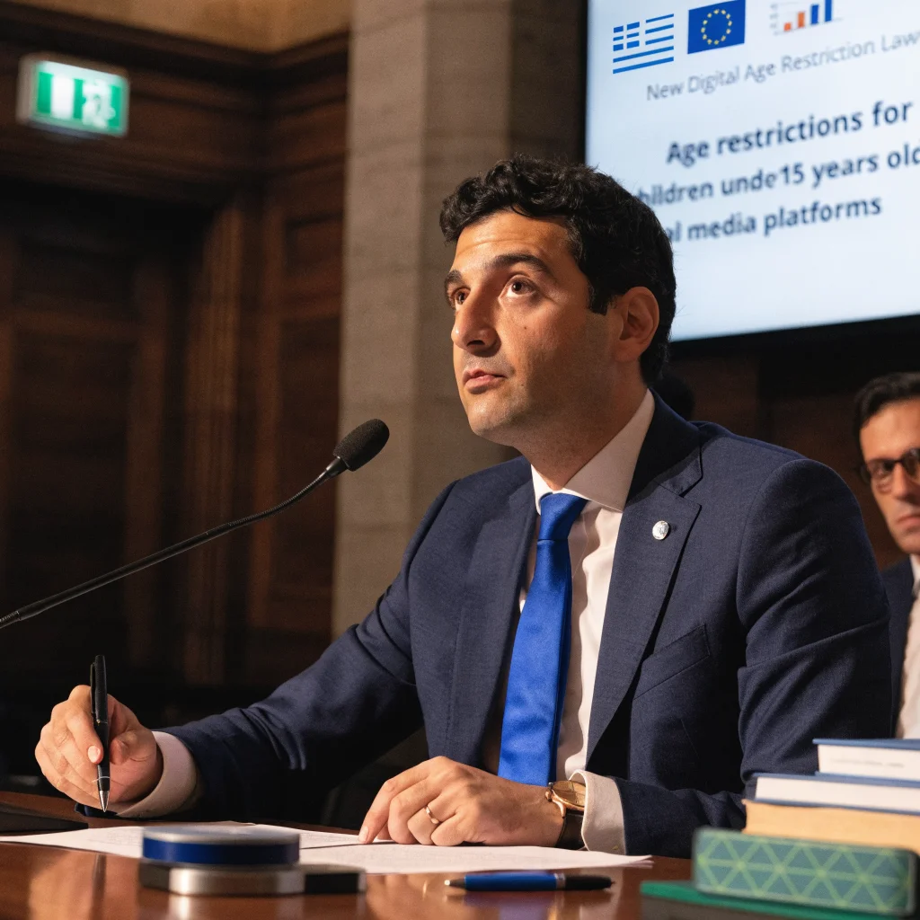 A realistic photo of a Greek government official announcing new digital age restriction laws on social media platforms for children under 15 years old.