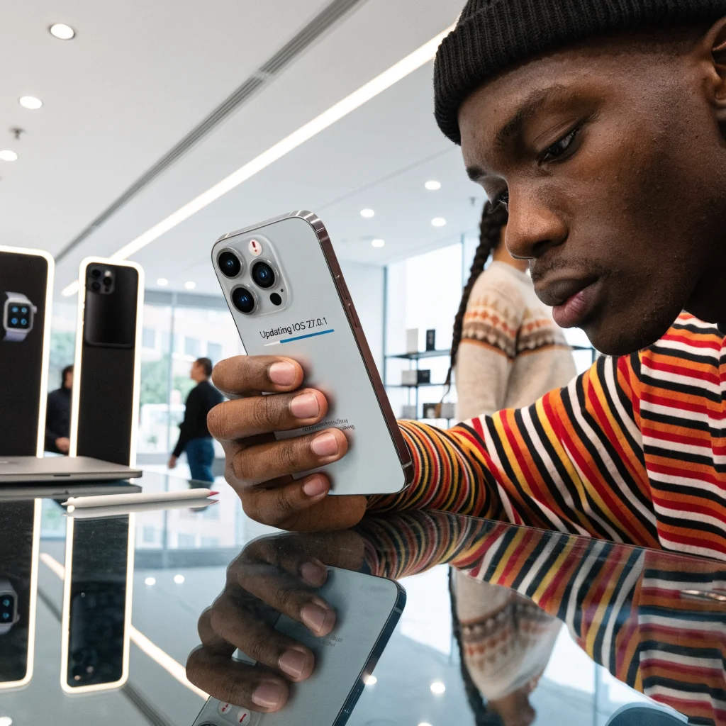 A close-up photo of an iPhone 18 Pro Max displaying an AT&T signal issue screen during an iOS 27.0.1 update in an Apple Store repair service setting.