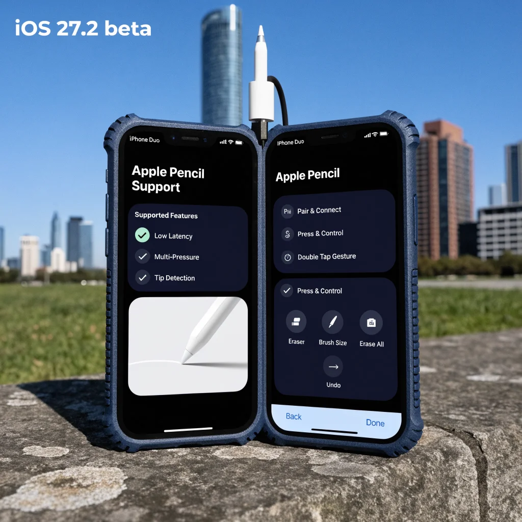 A realistic photo of an iPhone Duo with USB-C connected to an Apple Pencil, running iOS 27.2 beta, displaying Apple Pencil support features on its dual book-style screens.