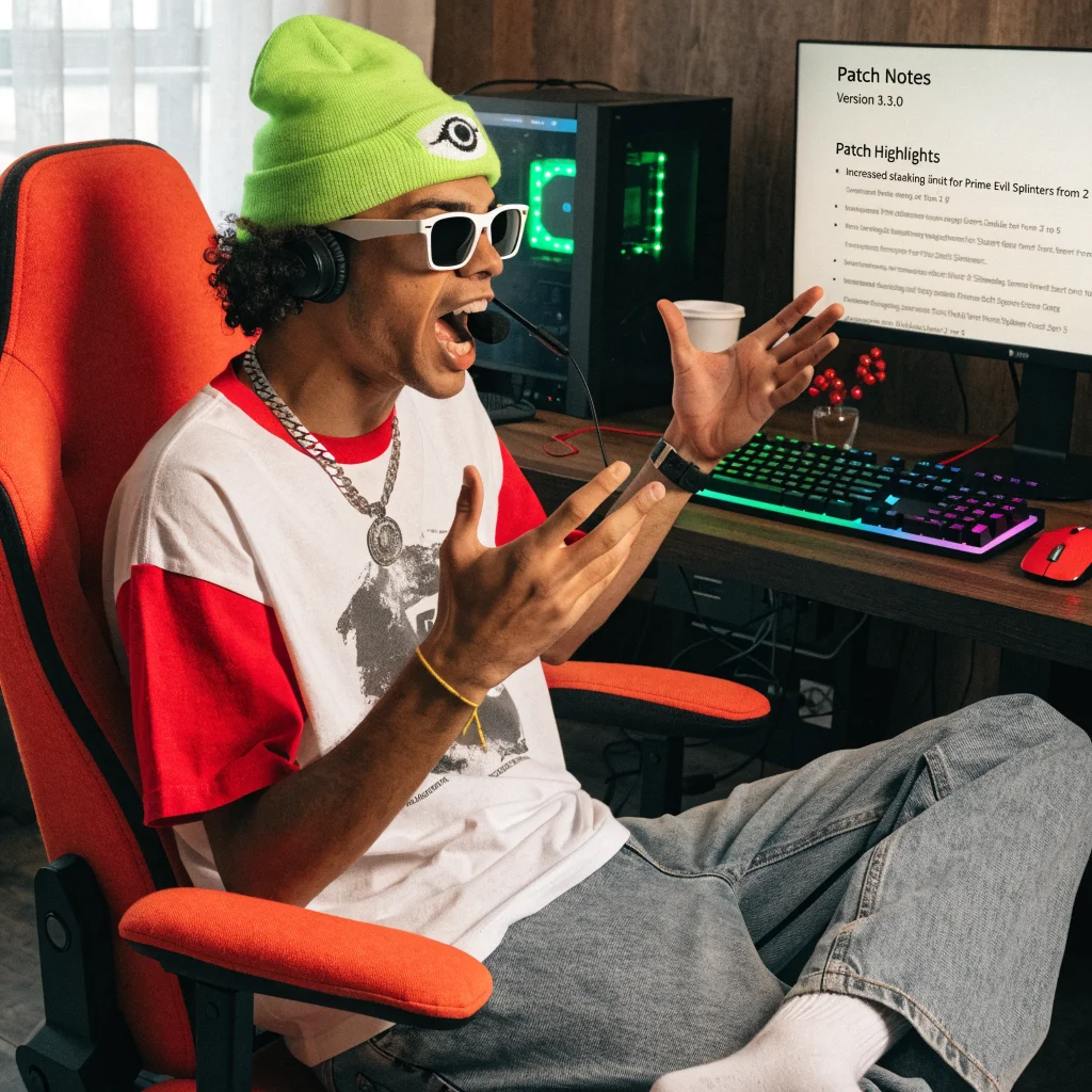 A passionate Diablo 4 community player reviews patch 3.3.0 endgame changes involving Prime Evil Splinters stacking increase in a lively gaming setup.