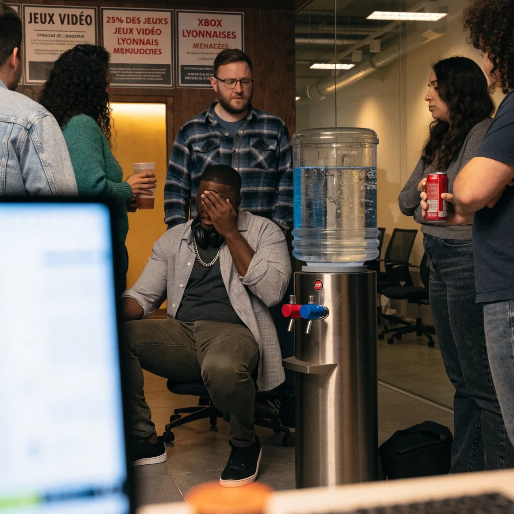 A realistic photo of distressed Arkane Lyon employees at their office discussing Xbox layoffs, with French video game union posters visible in the background.