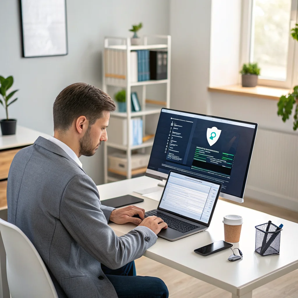 A realistic photo of a cybersecurity expert using a laptop to analyze Android app permissions and security with ADB tools in a professional office setting.