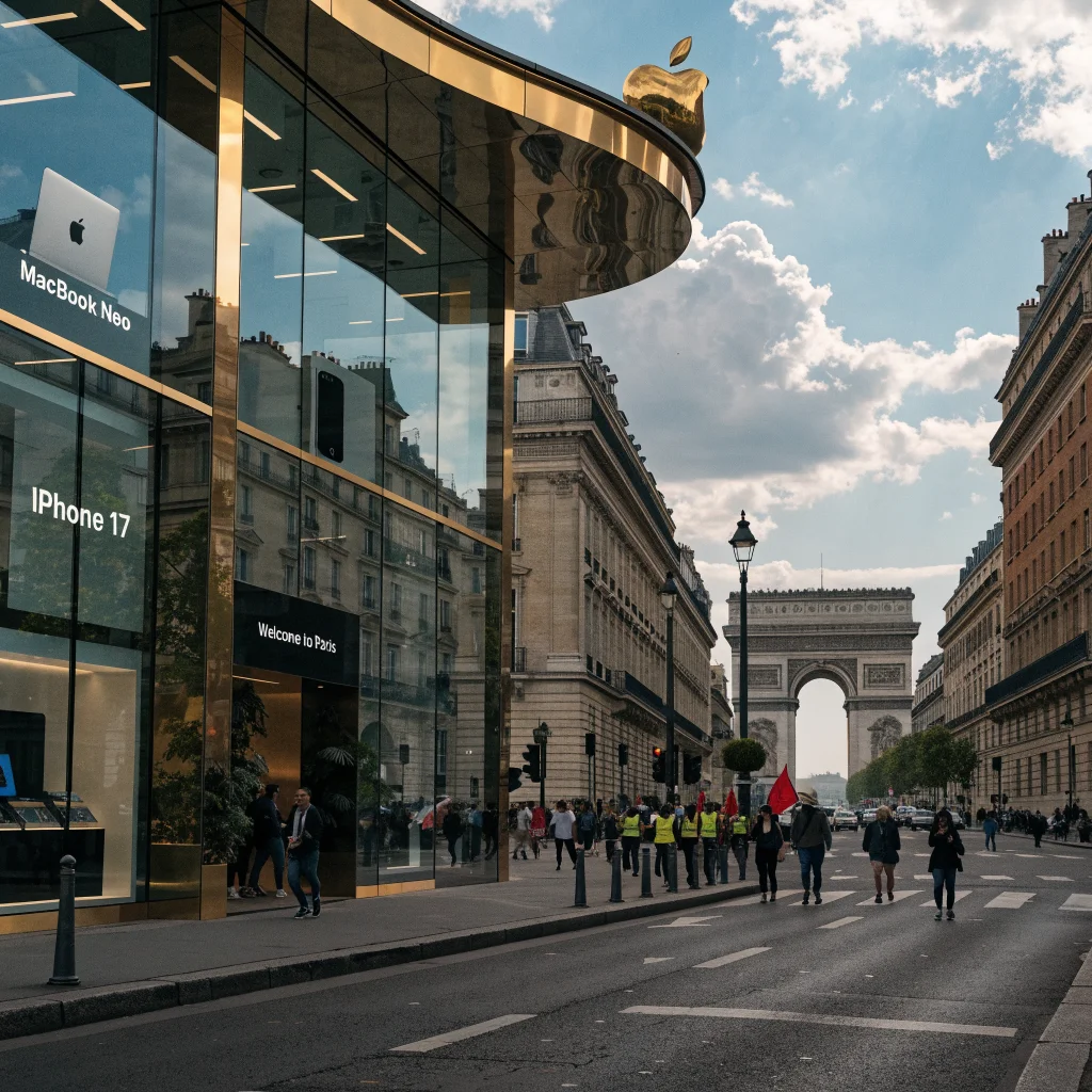 A photo of the Apple flagship store on Champs-Élysées in Paris with protestors outside and Apple products like MacBook Neo and iPhone 17 displayed inside.