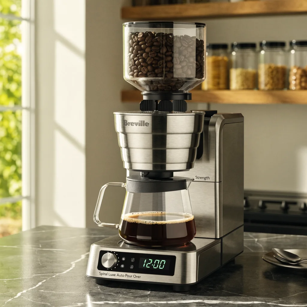 A Breville Spiral Luxe Auto Pour Over coffee machine with built-in grinder, 40mm flat burrs, adjustable strength, and automatic pour-over brewing on a kitchen counter.