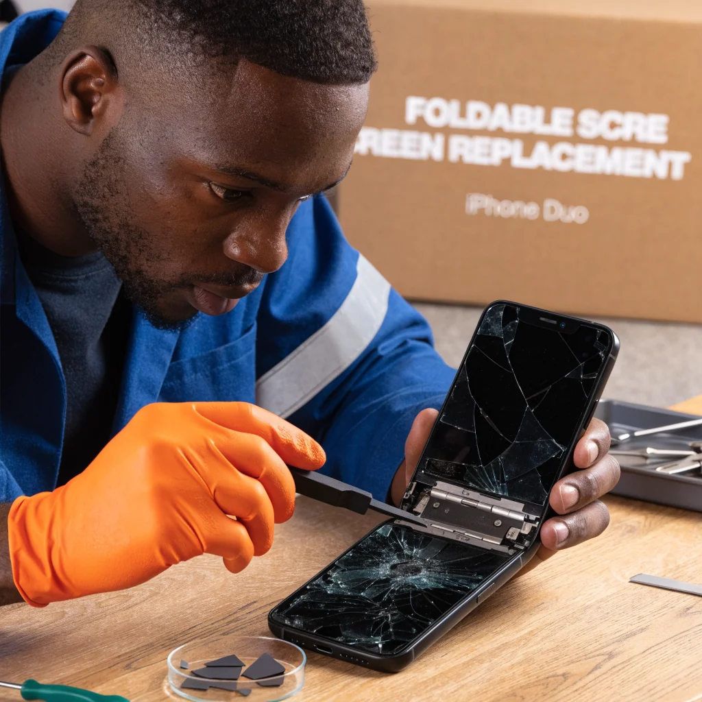 A damaged iPhone Duo with a cracked foldable screen being examined for internal hinge repair and screen replacement amid early wear issues.