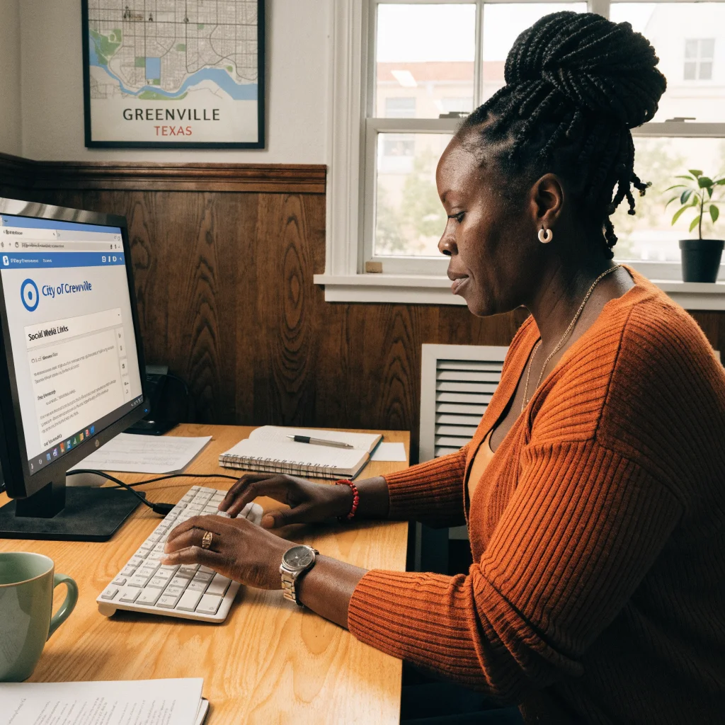 A nonprofit organization manager in Greenville, Texas managing social media links on a government Facebook page under new Meta subscription charges.