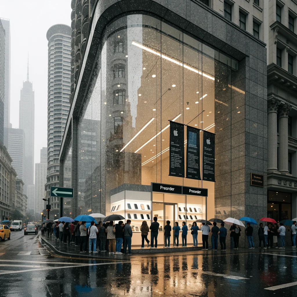 A photo of an Apple Store in Asia displaying limited iPhone Duo stock with customers lining up for preorders amid market saturation signs.