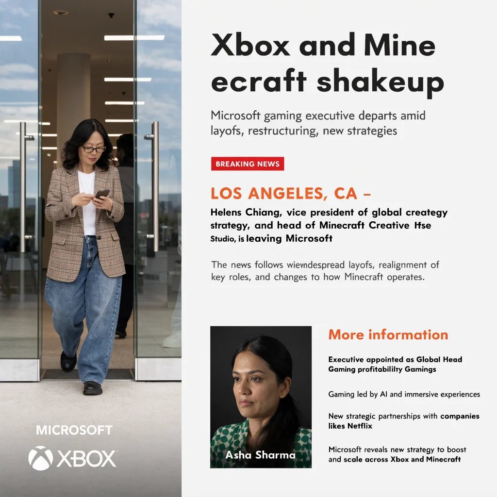 Helen Chiang leaving Xbox and Minecraft leadership prompts restructuring, job cuts, and new strategic moves involving Asha Sharma and Xbox's Netflix deal.