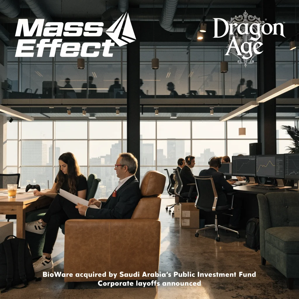 A professional photo of BioWare game development studios with logos of Mass Effect and Dragon Age, highlighting Saudi Arabian acquisition and corporate layoffs.