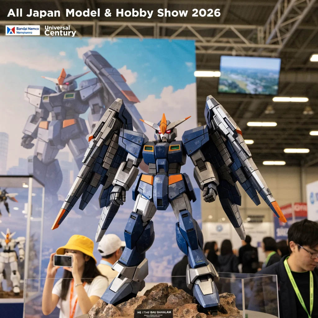 A detailed photo of the HG 1/144 Bau Bahlam Gundam model from Universal Century displayed at the All Japan Model & Hobby Show 2026 by Bandai Namco.