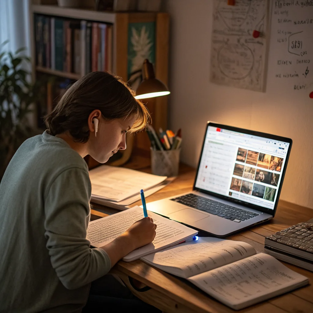 A realistic photo of a student using the Gemini Notebook Chrome extension for AI-enhanced note-taking and mind mapping while watching educational YouTube videos on psychology.