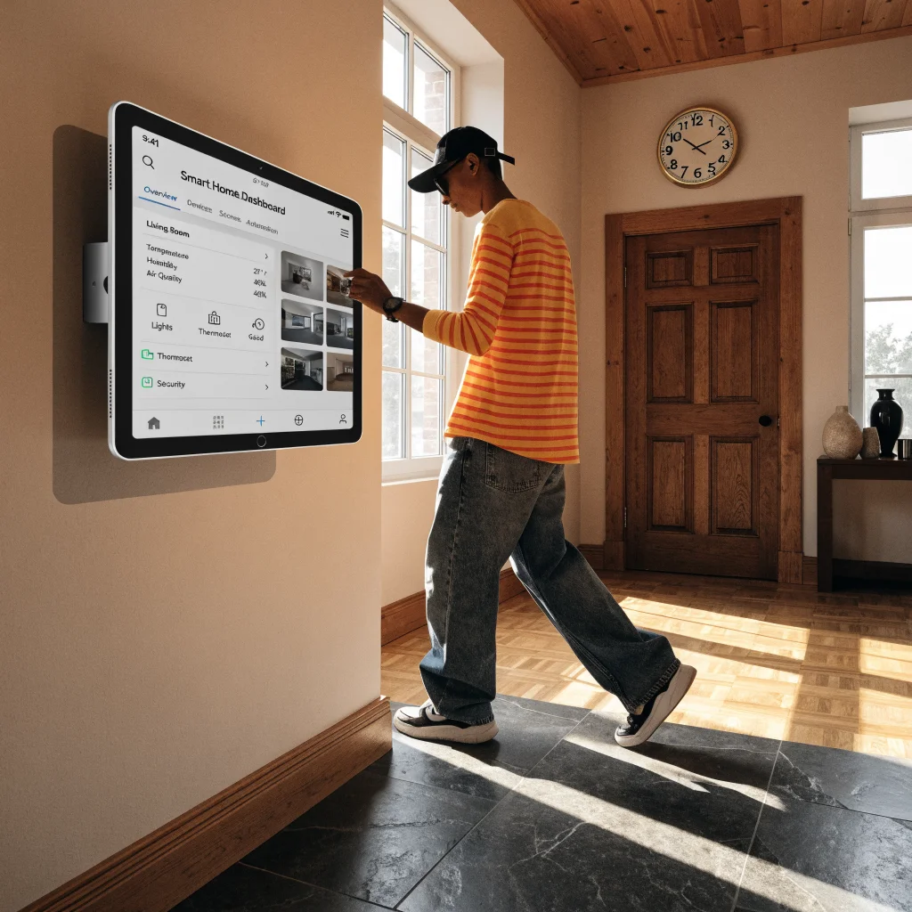 A person using an old iPad mounted on a wall displaying a smart home dashboard running the latest iPadOS interface.