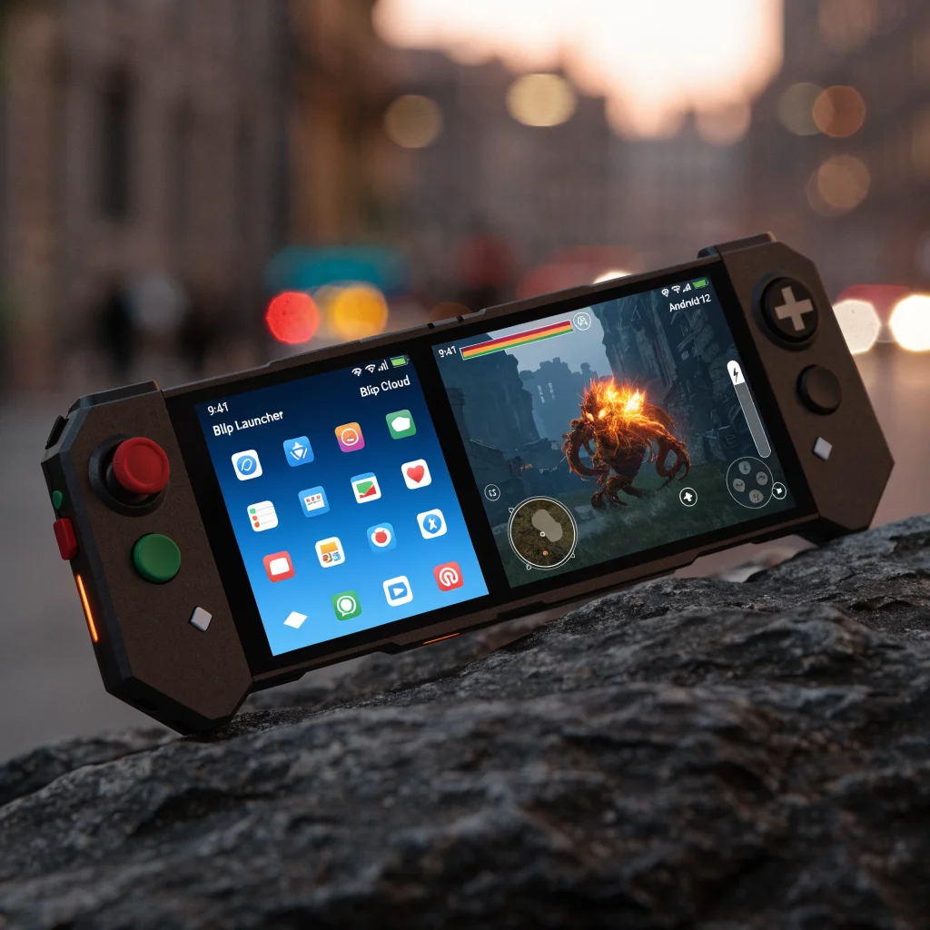 A close-up photo of a dual-screen Android gaming handheld device running Blip Launcher with Blip Cloud feature active on Android 12.