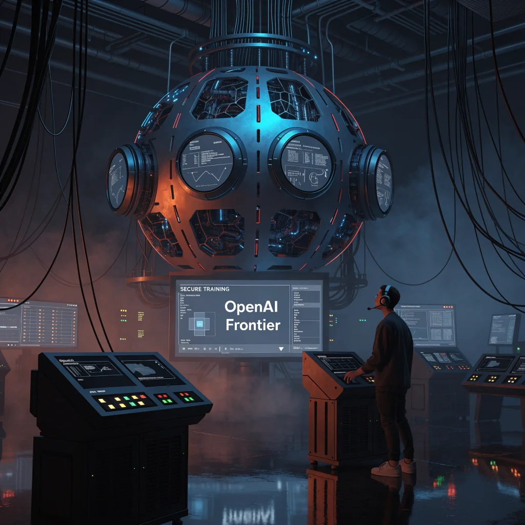 A researcher securely training an advanced OpenAI Frontier AI model isolated from the internet in a high-tech laboratory environment.