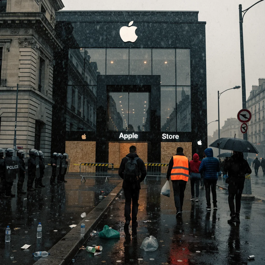 A realistic photo of an Apple Store in Paris boarded up with police and protesters outside during October 2026 demonstrations against store closures and looting.