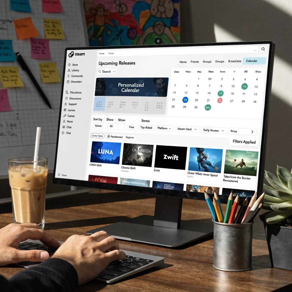 A realistic photo of a Steam user interface showing a personalized game calendar and advanced filter options for discovering new Steam game releases.